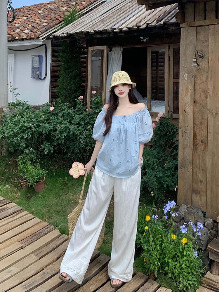 블루 라운드 넥 버블 반팔 자수 인형 셔츠 맨위 여성 레이스 레이스 패치워크 스택 착용 스트레이트 와이드 레그 팬츠 상세 이미지 6