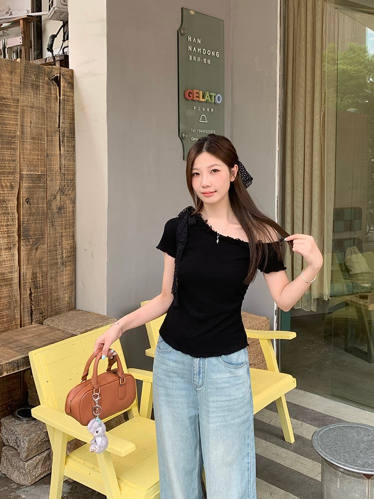 통통한 여동생 여름 새로운 달콤한 스타일 비스듬한 어깨 레이스 조각 레이스업 펌프 Pleat 디자인 센스 품격 반팔 맨위 상세 이미지 39