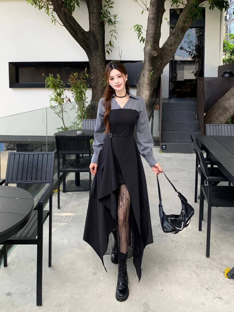 2026 가을과 겨울 마츠모토 애도 애도 통통한 여동생 새로운 패치워크 셔츠 드레스 레이스 비대칭 긴팔 드레스 상세 이미지 10
