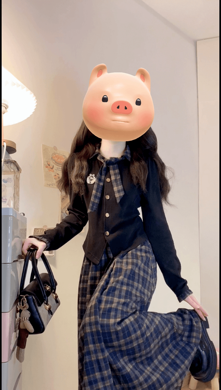 실사 빅 사이즈 통통한 여동생 가을 학원 스타일 페이크 레이어드 여성 레이스업 체크무늬 패치워크 긴팔 체크무늬 드레스 상세 이미지 2
