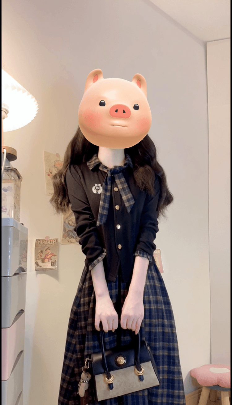 실사 빅 사이즈 통통한 여동생 가을 학원 스타일 페이크 레이어드 여성 레이스업 체크무늬 패치워크 긴팔 체크무늬 드레스 상세 이미지 4
