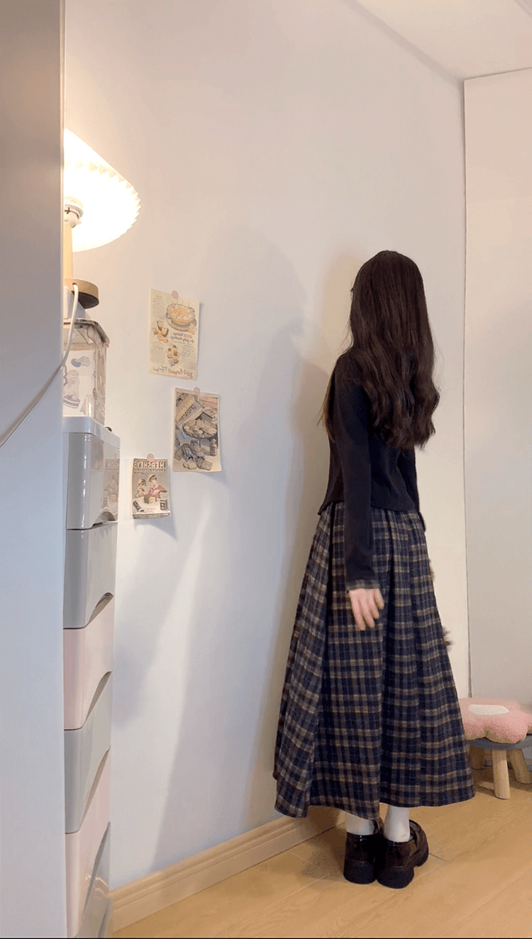 실사 빅 사이즈 통통한 여동생 가을 학원 스타일 페이크 레이어드 여성 레이스업 체크무늬 패치워크 긴팔 체크무늬 드레스 상세 이미지 13