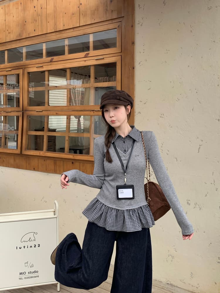 페이크 레이어드 체크무늬 패치워크 POLO 칼라 긴팔 티셔츠 여성 2026 가을 겨울 디자인 센스 몸매 가꾸기 작은 맨위 기본 셔츠 상세 이미지 5