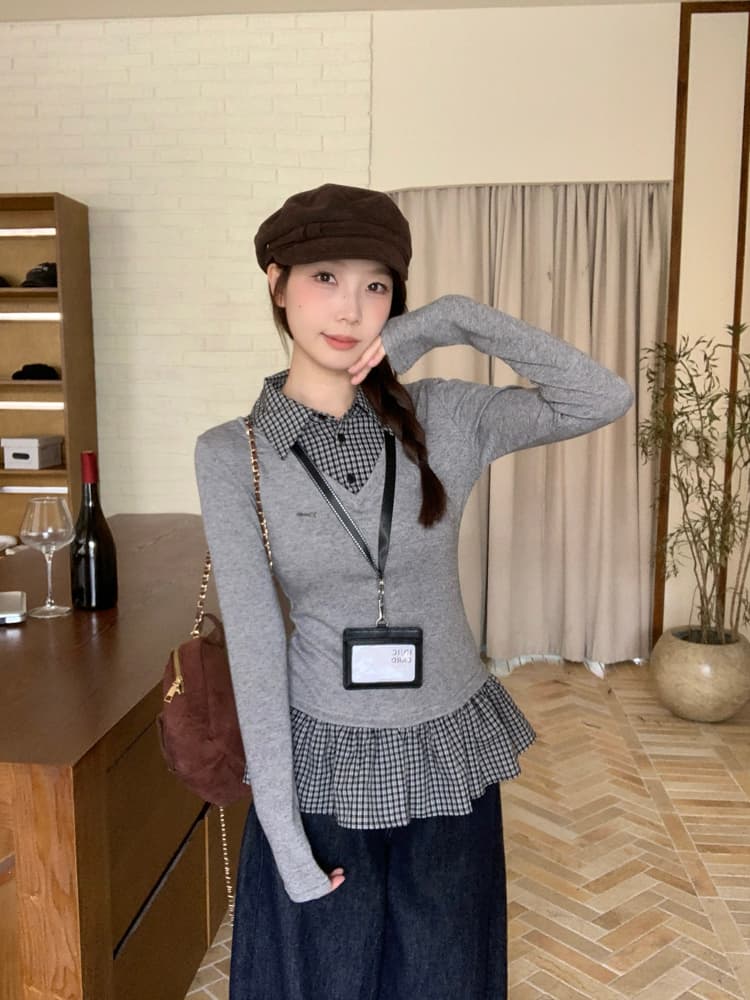 페이크 레이어드 체크무늬 패치워크 POLO 칼라 긴팔 티셔츠 여성 2026 가을 겨울 디자인 센스 몸매 가꾸기 작은 맨위 기본 셔츠 상세 이미지 10