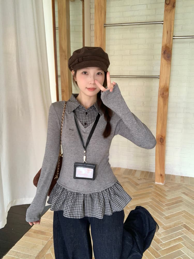 페이크 레이어드 체크무늬 패치워크 POLO 칼라 긴팔 티셔츠 여성 2026 가을 겨울 디자인 센스 몸매 가꾸기 작은 맨위 기본 셔츠 상세 이미지 13