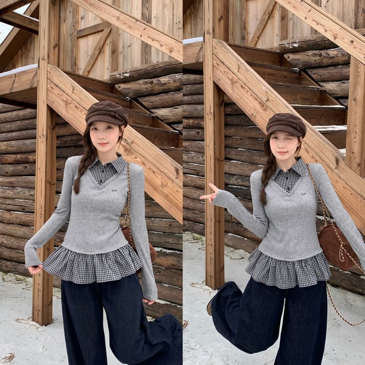 페이크 레이어드 체크무늬 패치워크 POLO 칼라 긴팔 티셔츠 여성 2026 가을 겨울 디자인 센스 몸매 가꾸기 작은 맨위 기본 셔츠 상세 이미지 14