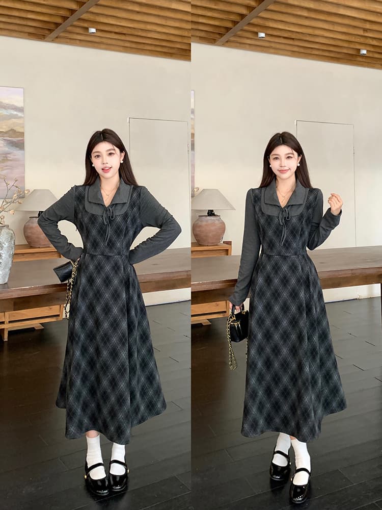실사 빅 사이즈 통통한 여동생 레트로 체크무늬 여성 드레스 2025 가을 겨울 새로운 허리 수축 페이크 레이어드 긴팔 치마 상세 이미지 19