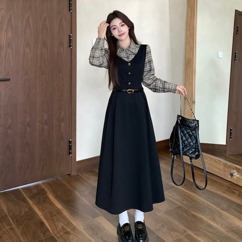 실사 빅 사이즈 통통한 여동생 가을 학원 스타일 페이크 레이어드 여성 레이스업 체크무늬 패치워크 긴팔 체크무늬 드레스 이미지 3