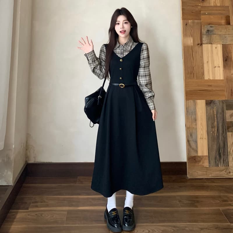 실사 빅 사이즈 통통한 여동생 가을 학원 스타일 페이크 레이어드 여성 레이스업 체크무늬 패치워크 긴팔 체크무늬 드레스 이미지 2