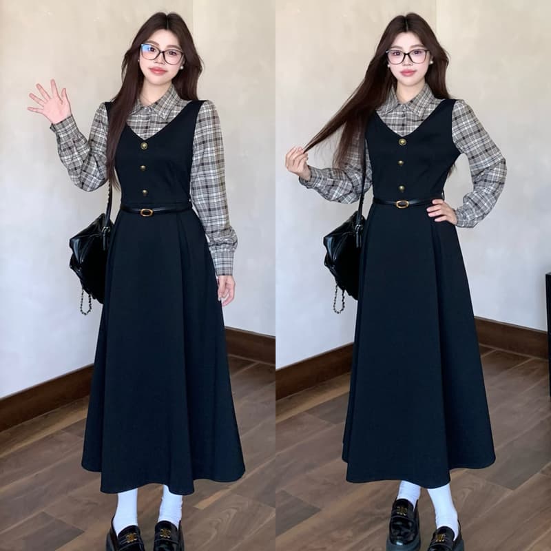 실사 빅 사이즈 통통한 여동생 가을 학원 스타일 페이크 레이어드 여성 레이스업 체크무늬 패치워크 긴팔 체크무늬 드레스