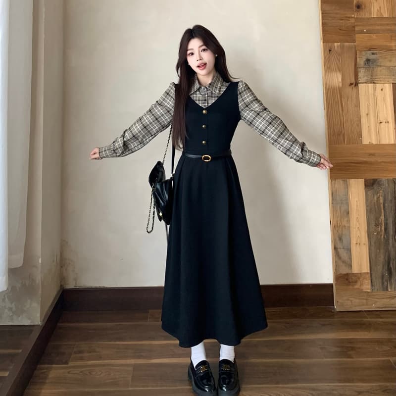 실사 빅 사이즈 통통한 여동생 가을 학원 스타일 페이크 레이어드 여성 레이스업 체크무늬 패치워크 긴팔 체크무늬 드레스 이미지 4
