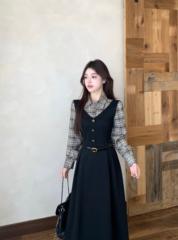 실사 빅 사이즈 통통한 여동생 가을 학원 스타일 페이크 레이어드 여성 레이스업 체크무늬 패치워크 긴팔 체크무늬 드레스 상세 이미지 2