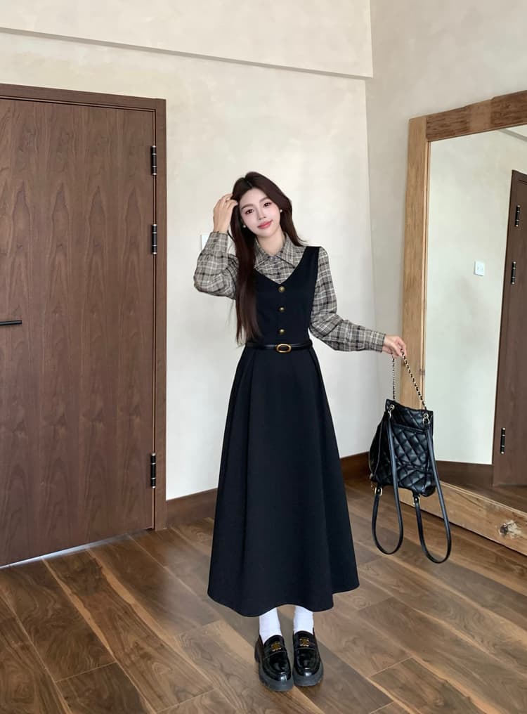 실사 빅 사이즈 통통한 여동생 가을 학원 스타일 페이크 레이어드 여성 레이스업 체크무늬 패치워크 긴팔 체크무늬 드레스 상세 이미지 3