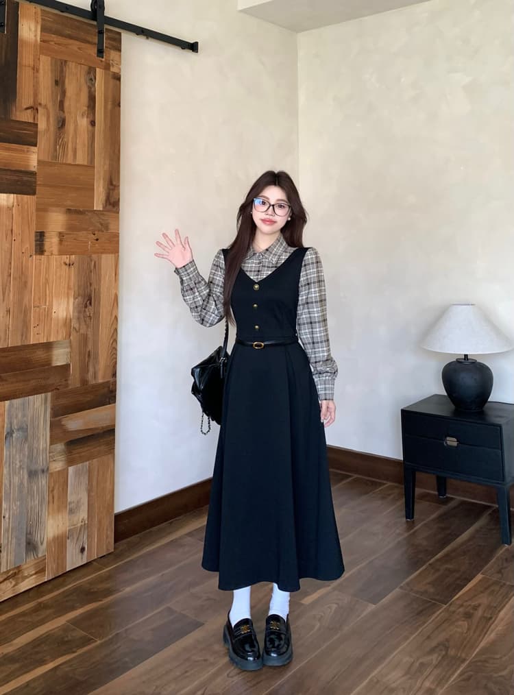 실사 빅 사이즈 통통한 여동생 가을 학원 스타일 페이크 레이어드 여성 레이스업 체크무늬 패치워크 긴팔 체크무늬 드레스 상세 이미지 5