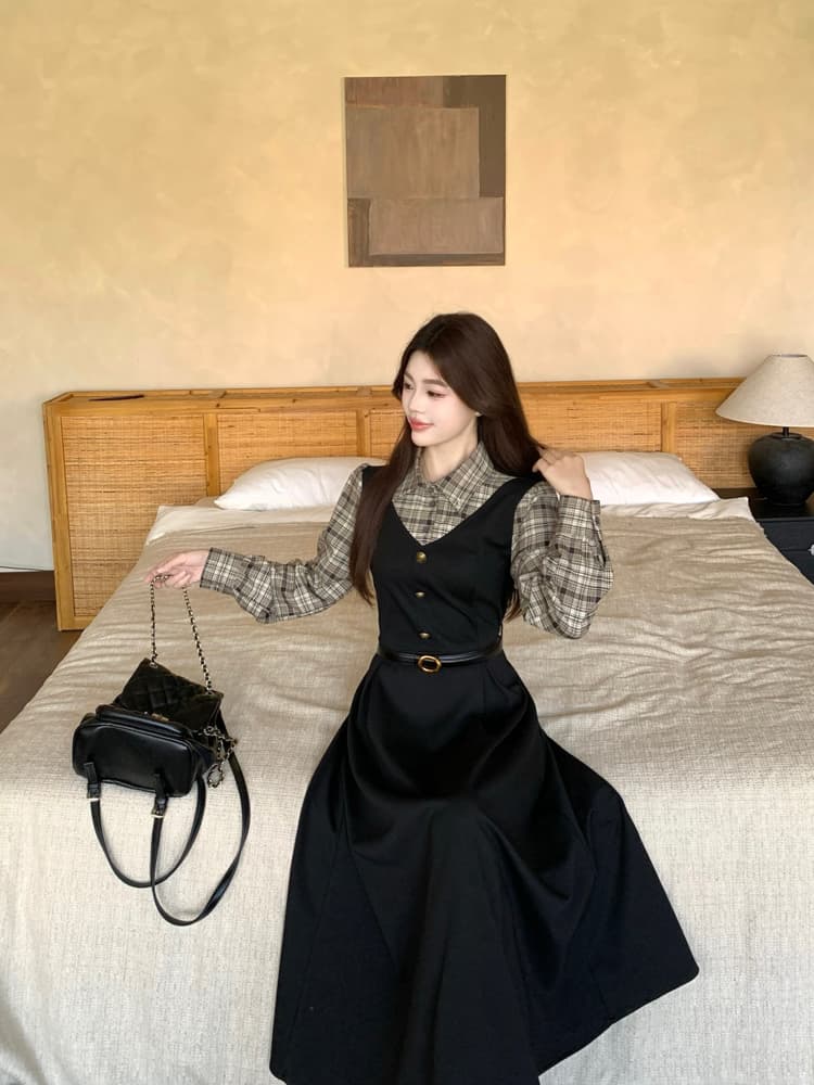 실사 빅 사이즈 통통한 여동생 가을 학원 스타일 페이크 레이어드 여성 레이스업 체크무늬 패치워크 긴팔 체크무늬 드레스 상세 이미지 6