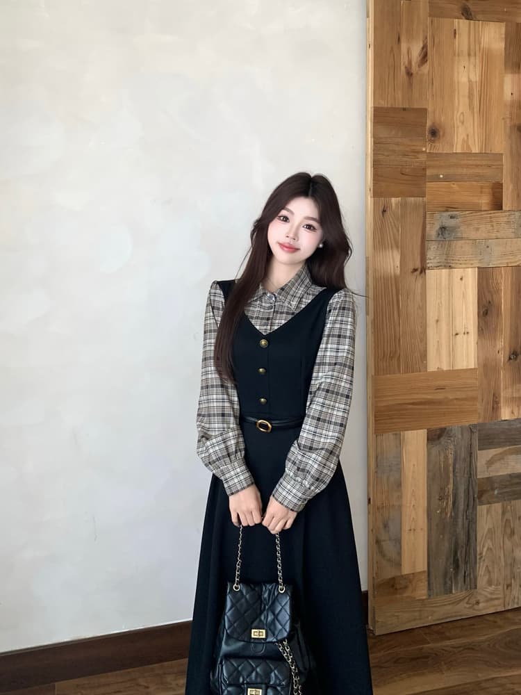 실사 빅 사이즈 통통한 여동생 가을 학원 스타일 페이크 레이어드 여성 레이스업 체크무늬 패치워크 긴팔 체크무늬 드레스 상세 이미지 7