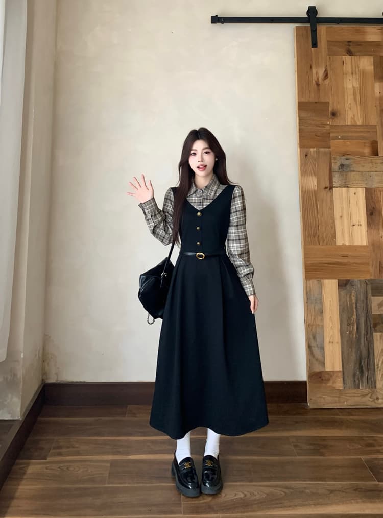 실사 빅 사이즈 통통한 여동생 가을 학원 스타일 페이크 레이어드 여성 레이스업 체크무늬 패치워크 긴팔 체크무늬 드레스 상세 이미지 8