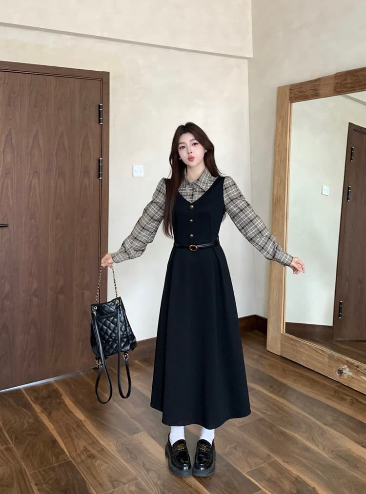 실사 빅 사이즈 통통한 여동생 가을 학원 스타일 페이크 레이어드 여성 레이스업 체크무늬 패치워크 긴팔 체크무늬 드레스 상세 이미지 9