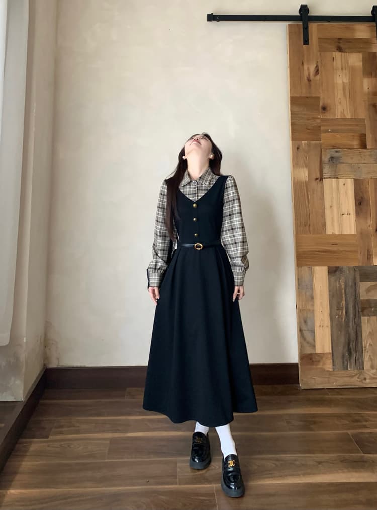 실사 빅 사이즈 통통한 여동생 가을 학원 스타일 페이크 레이어드 여성 레이스업 체크무늬 패치워크 긴팔 체크무늬 드레스 상세 이미지 10