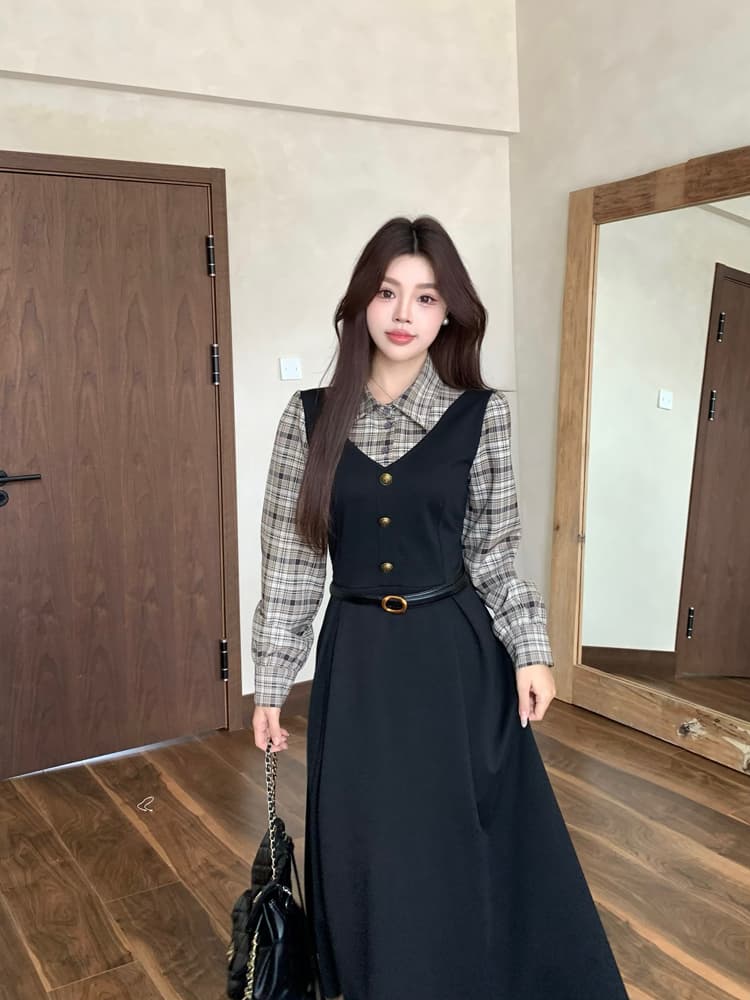 실사 빅 사이즈 통통한 여동생 가을 학원 스타일 페이크 레이어드 여성 레이스업 체크무늬 패치워크 긴팔 체크무늬 드레스 상세 이미지 11