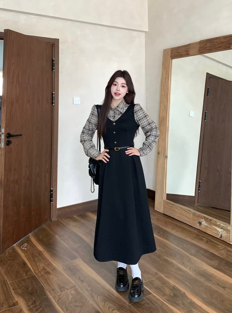 실사 빅 사이즈 통통한 여동생 가을 학원 스타일 페이크 레이어드 여성 레이스업 체크무늬 패치워크 긴팔 체크무늬 드레스 상세 이미지 12
