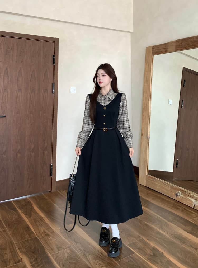 실사 빅 사이즈 통통한 여동생 가을 학원 스타일 페이크 레이어드 여성 레이스업 체크무늬 패치워크 긴팔 체크무늬 드레스 상세 이미지 13
