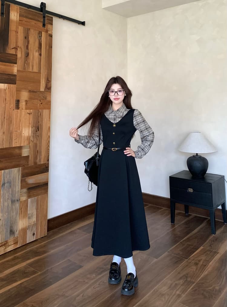 실사 빅 사이즈 통통한 여동생 가을 학원 스타일 페이크 레이어드 여성 레이스업 체크무늬 패치워크 긴팔 체크무늬 드레스 상세 이미지 14
