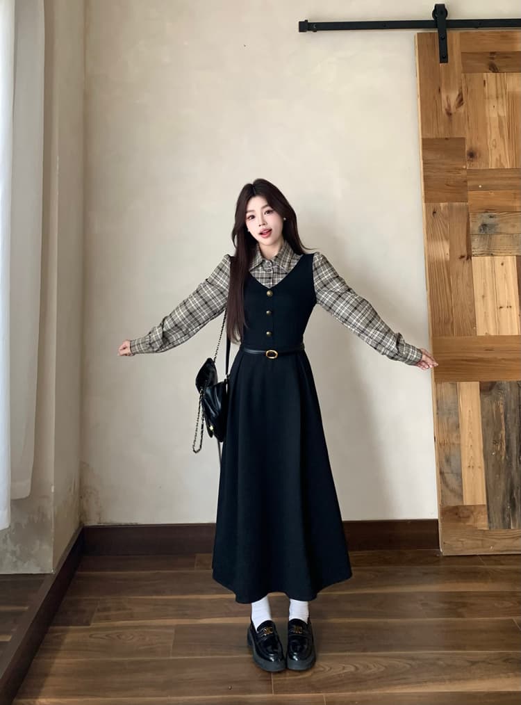 실사 빅 사이즈 통통한 여동생 가을 학원 스타일 페이크 레이어드 여성 레이스업 체크무늬 패치워크 긴팔 체크무늬 드레스 상세 이미지 15