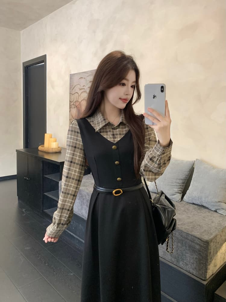 실사 빅 사이즈 통통한 여동생 가을 학원 스타일 페이크 레이어드 여성 레이스업 체크무늬 패치워크 긴팔 체크무늬 드레스 상세 이미지 16