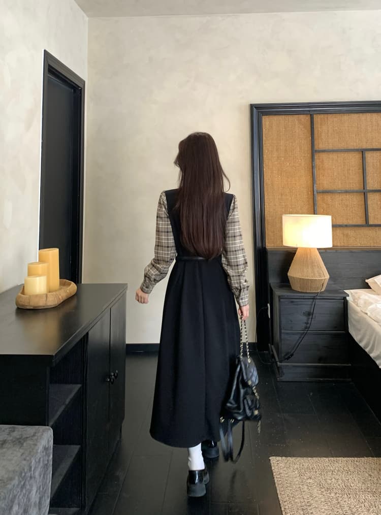 실사 빅 사이즈 통통한 여동생 가을 학원 스타일 페이크 레이어드 여성 레이스업 체크무늬 패치워크 긴팔 체크무늬 드레스 상세 이미지 17