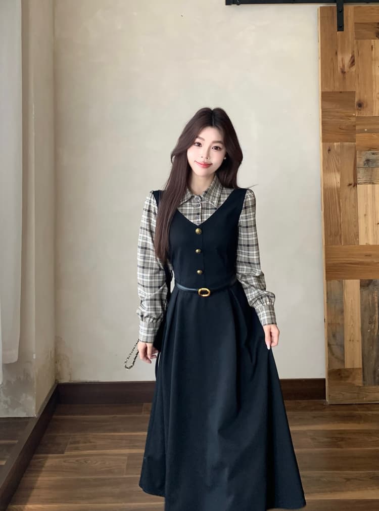 실사 빅 사이즈 통통한 여동생 가을 학원 스타일 페이크 레이어드 여성 레이스업 체크무늬 패치워크 긴팔 체크무늬 드레스 상세 이미지 18