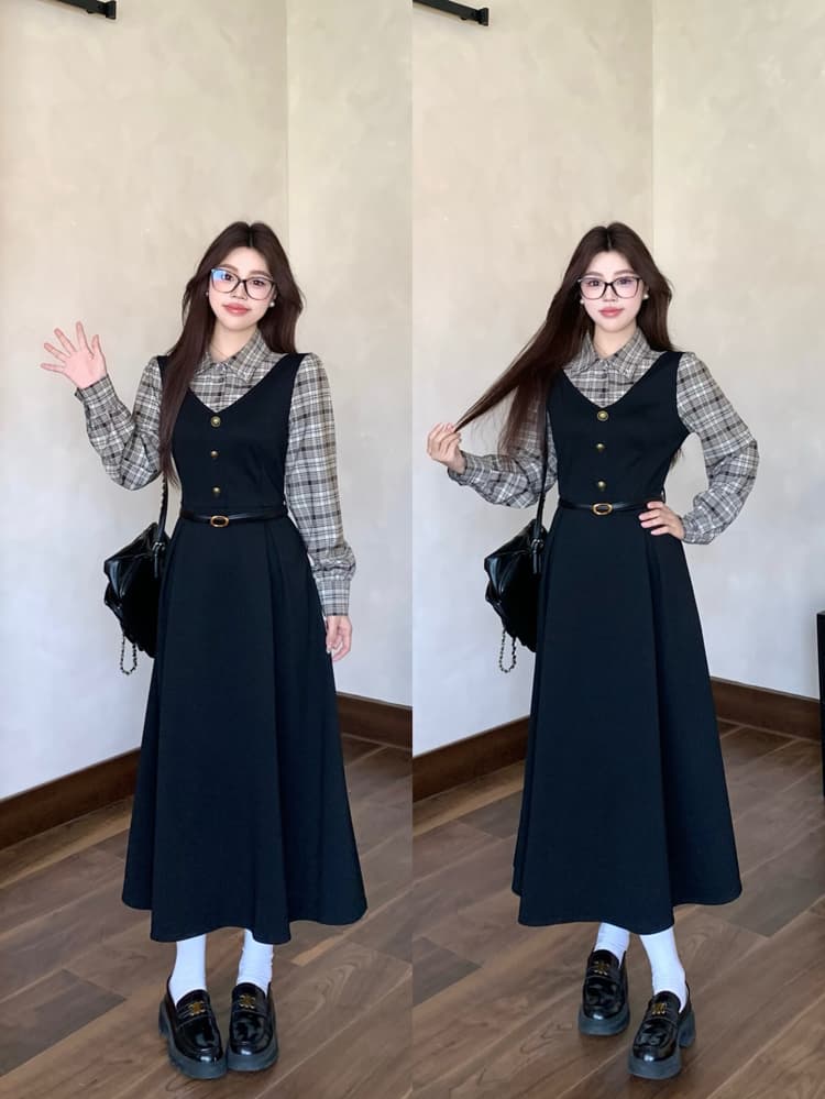 실사 빅 사이즈 통통한 여동생 가을 학원 스타일 페이크 레이어드 여성 레이스업 체크무늬 패치워크 긴팔 체크무늬 드레스 상세 이미지 19