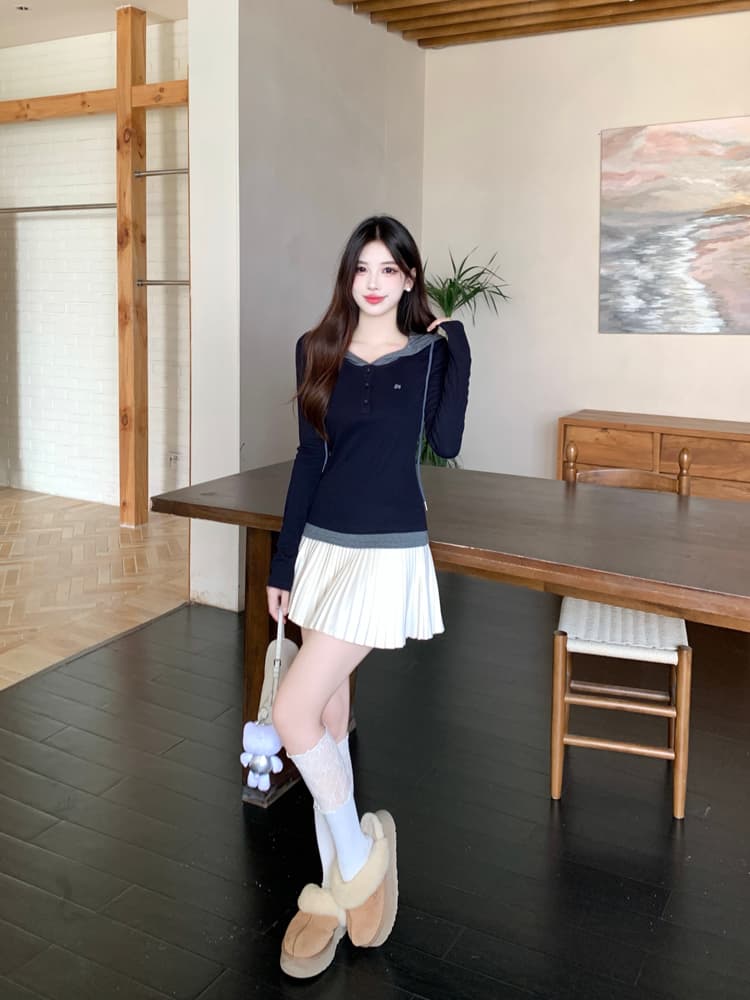 페이크 레이어드 후드 로프 인사이드 탑 티셔츠 여성 2026 년 가을 겨울철 섹션 반 개방 칼라 기본 셔츠 여성 상세 이미지 1