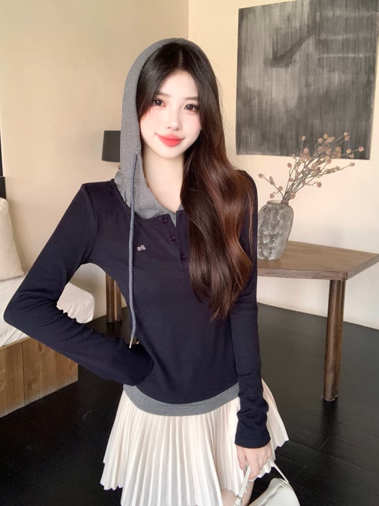페이크 레이어드 후드 로프 인사이드 탑 티셔츠 여성 2026 년 가을 겨울철 섹션 반 개방 칼라 기본 셔츠 여성 상세 이미지 4