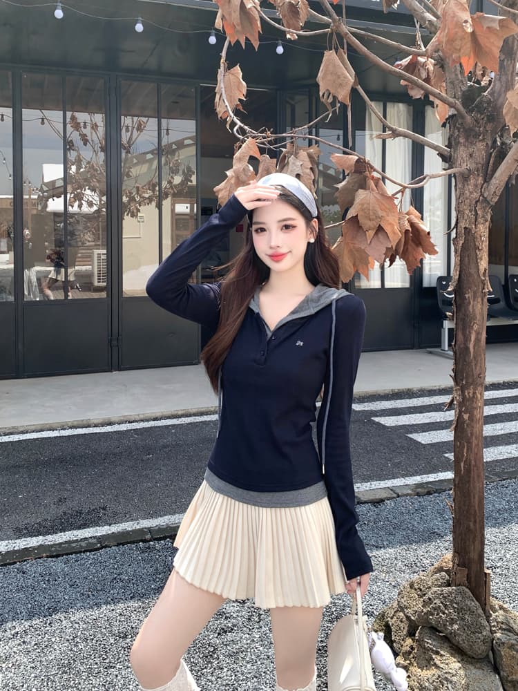페이크 레이어드 후드 로프 인사이드 탑 티셔츠 여성 2026 년 가을 겨울철 섹션 반 개방 칼라 기본 셔츠 여성 상세 이미지 8