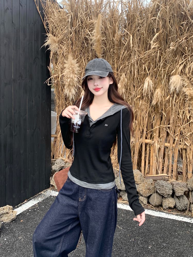 페이크 레이어드 후드 로프 인사이드 탑 티셔츠 여성 2026 년 가을 겨울철 섹션 반 개방 칼라 기본 셔츠 여성 상세 이미지 23