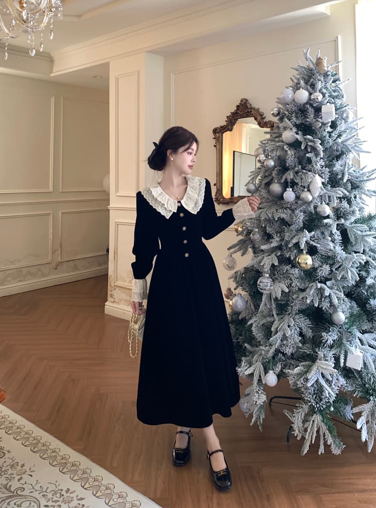 단색 색상 선적 뚱뚱한 소녀 자매 부서 부유 한 가족 천 금빛 바람 검정색 벨벳 레이스 레이스 칼라 슬림해 보이는 길다 드레스 상세 이미지 7