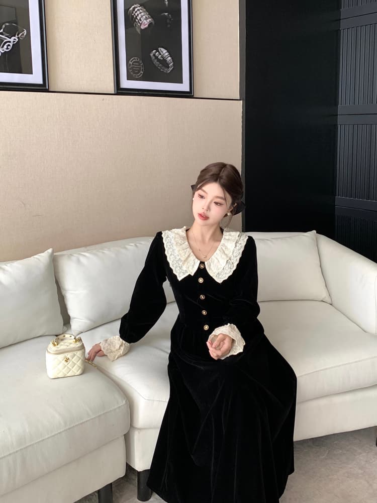 단색 색상 선적 뚱뚱한 소녀 자매 부서 부유 한 가족 천 금빛 바람 검정색 벨벳 레이스 레이스 칼라 슬림해 보이는 길다 드레스 상세 이미지 8