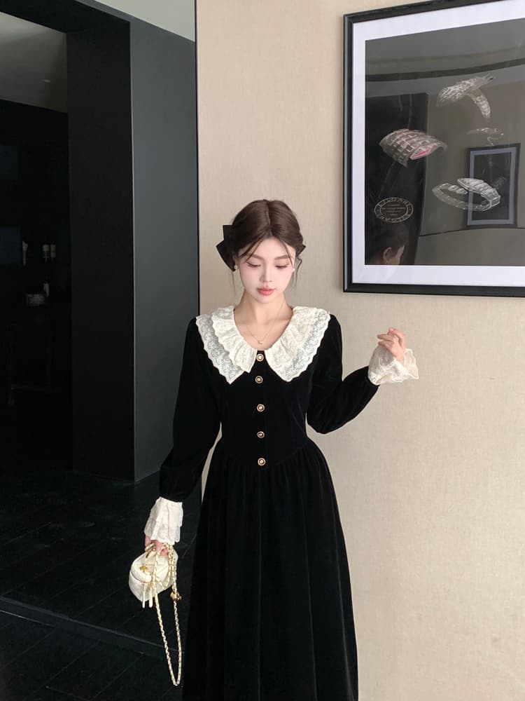 단색 색상 선적 뚱뚱한 소녀 자매 부서 부유 한 가족 천 금빛 바람 검정색 벨벳 레이스 레이스 칼라 슬림해 보이는 길다 드레스 상세 이미지 12