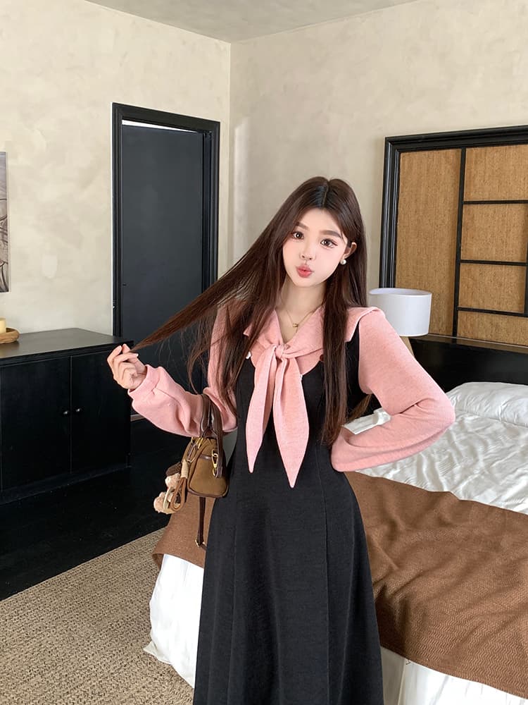 2026 가을 겨울철 학원 스타일 분말 싸움 블랙 두꺼움 니트 스웨터 원단 분위기 센스 슬림해 보이는 롱 스커트 만나는 상세 이미지 2