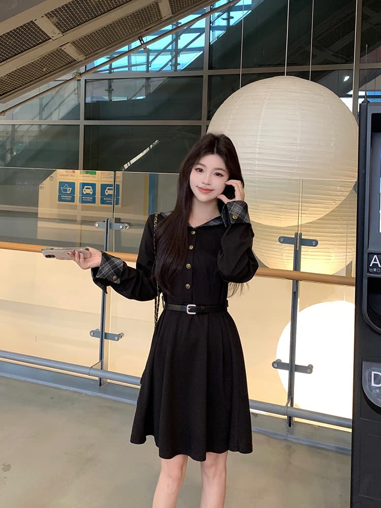 실사 빅 사이즈 여성 의류 통통한 여동생 새로운 가을 겨울 두꺼운 니트 모직 체크무늬 패치워크 색상 품격 허리 수축 드레스 상세 이미지 24