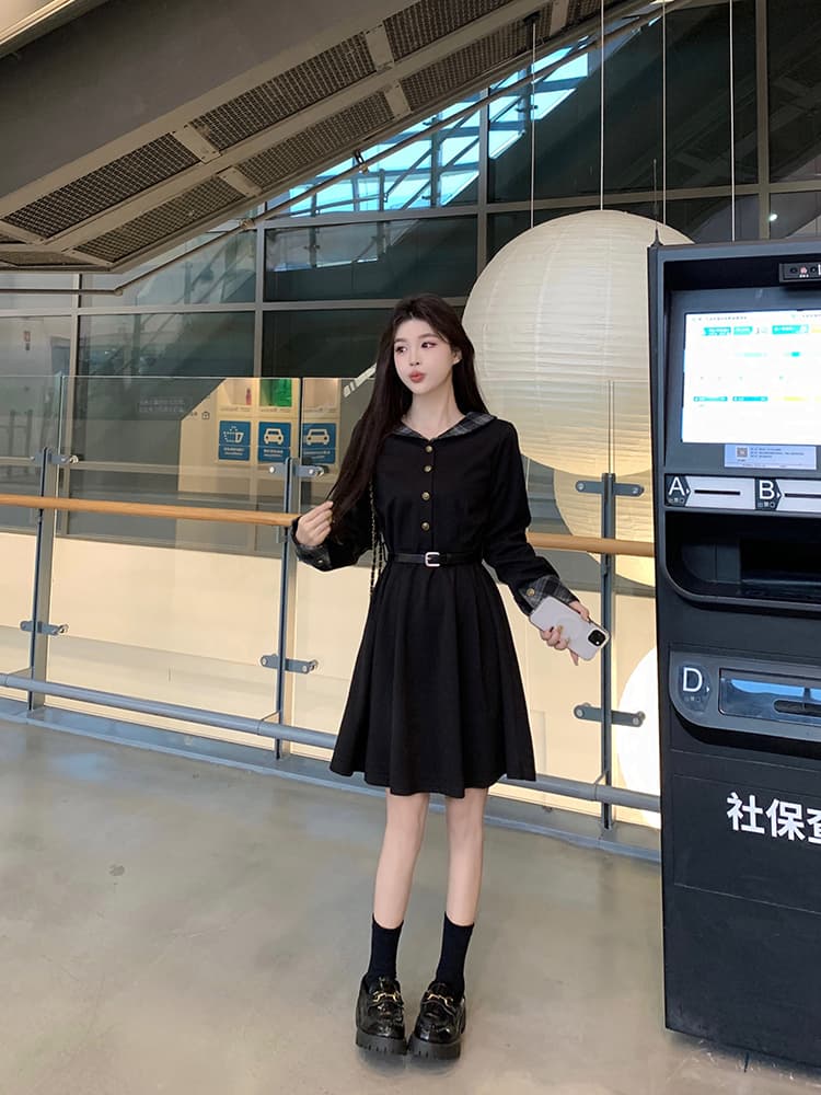 실사 빅 사이즈 여성 의류 통통한 여동생 새로운 가을 겨울 두꺼운 니트 모직 체크무늬 패치워크 색상 품격 허리 수축 드레스 상세 이미지 34