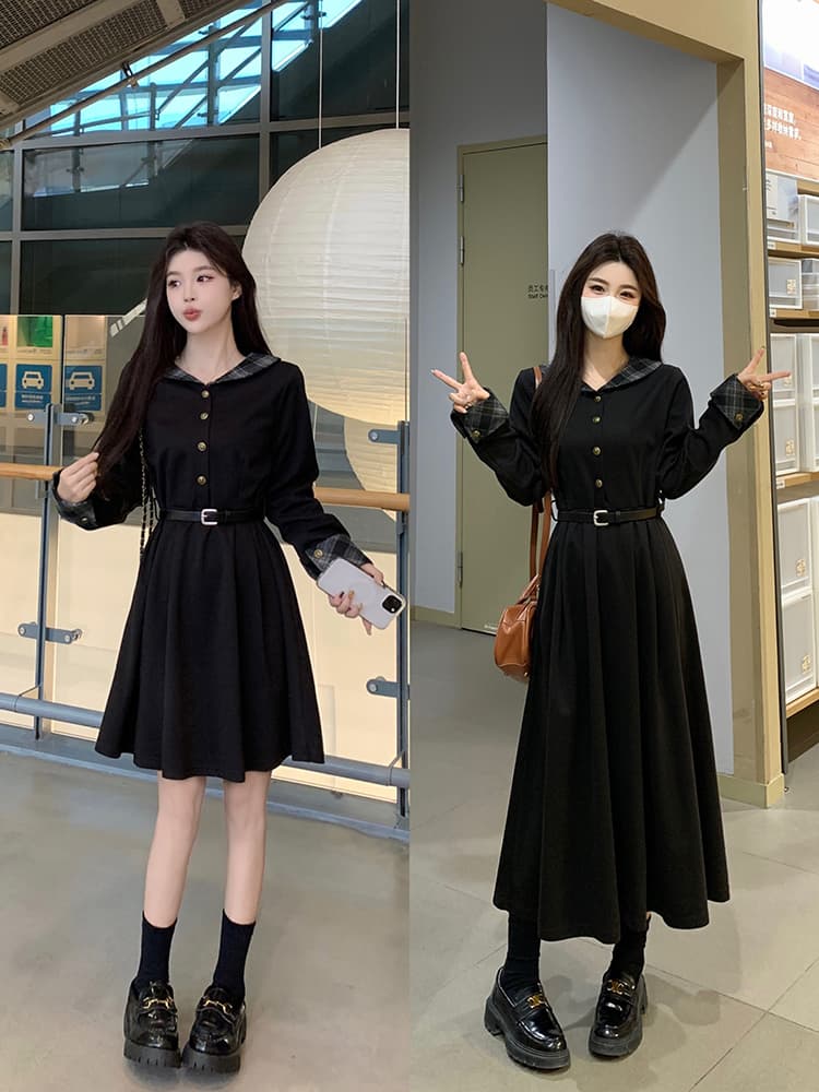 실사 빅 사이즈 여성 의류 통통한 여동생 새로운 가을 겨울 두꺼운 니트 모직 체크무늬 패치워크 색상 품격 허리 수축 드레스 상세 이미지 35