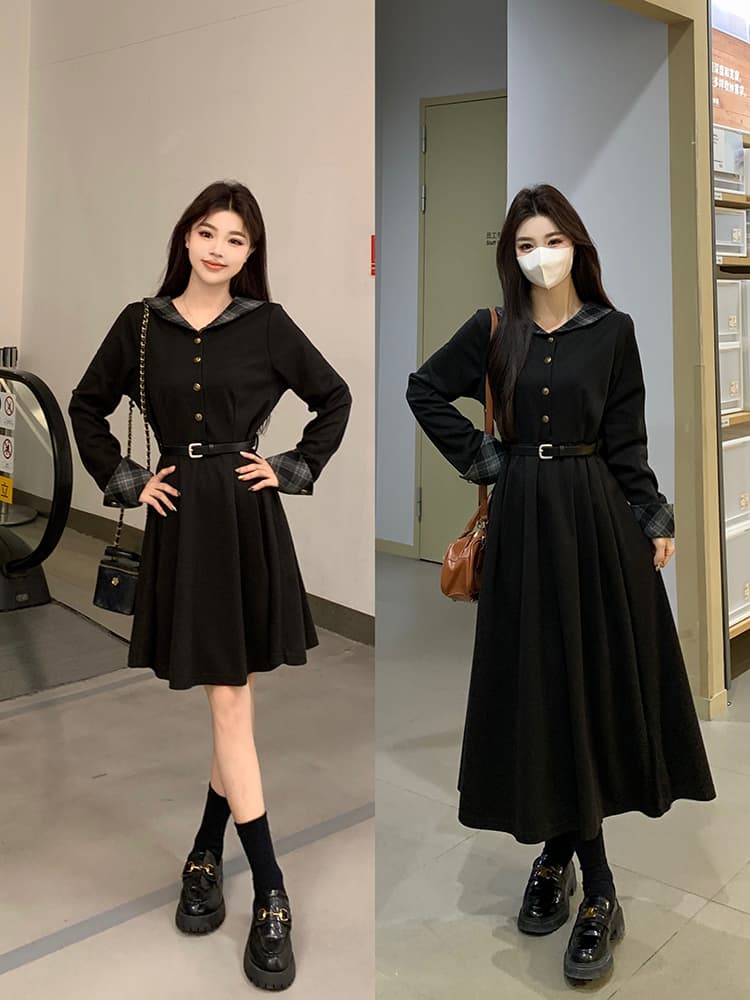 실사 빅 사이즈 여성 의류 통통한 여동생 새로운 가을 겨울 두꺼운 니트 모직 체크무늬 패치워크 색상 품격 허리 수축 드레스 상세 이미지 37