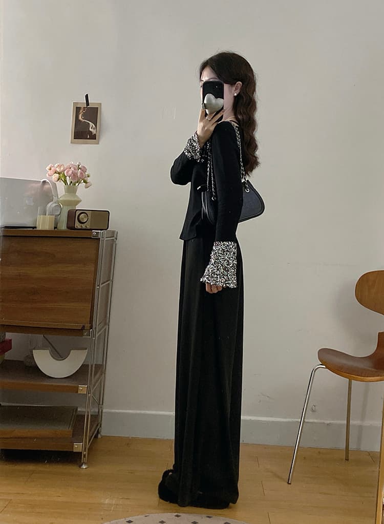 마이크로 지방 자매 순수한 욕망 바람 무거운 작업 스팽글 몸매 가꾸기 슬림해 보이는 핫걸 스팽글 섹시함 긴팔 티셔츠 세트 바지 상세 이미지 12