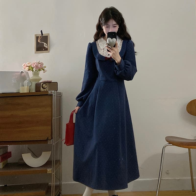 가을 겨울 2026 통통한 여동생 학원 스타일 페이크 레이어드 도트 무늬 니트 모직 프린트 스트랩 나비 매듭 드레스 이미지 2