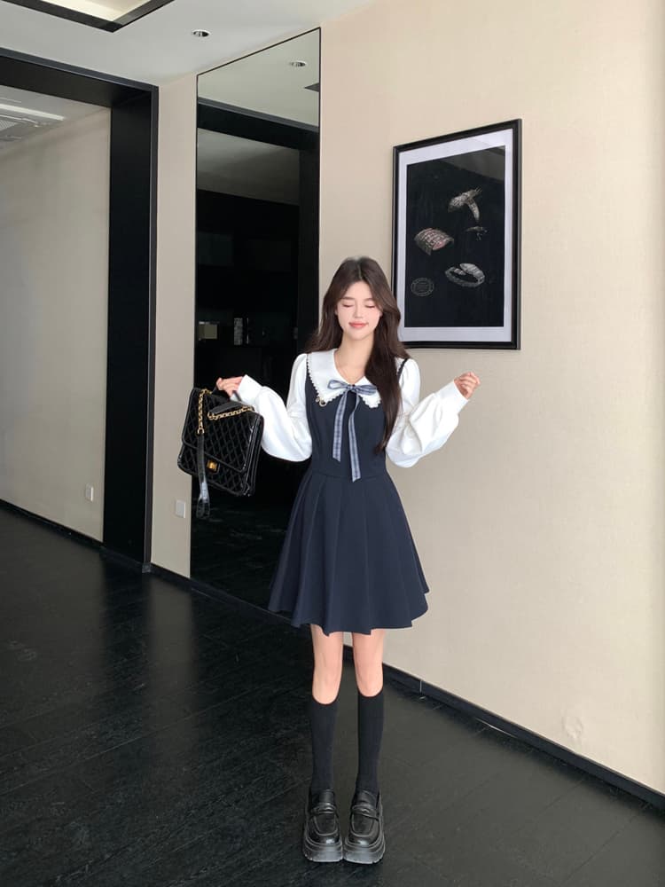 실사 봄 2026 빅 사이즈 캠퍼스 소설 여성 주님 페이크 레이어드 드레스 치마 여성 학원 스타일 긴팔 플리츠 스커트 상세 이미지 2