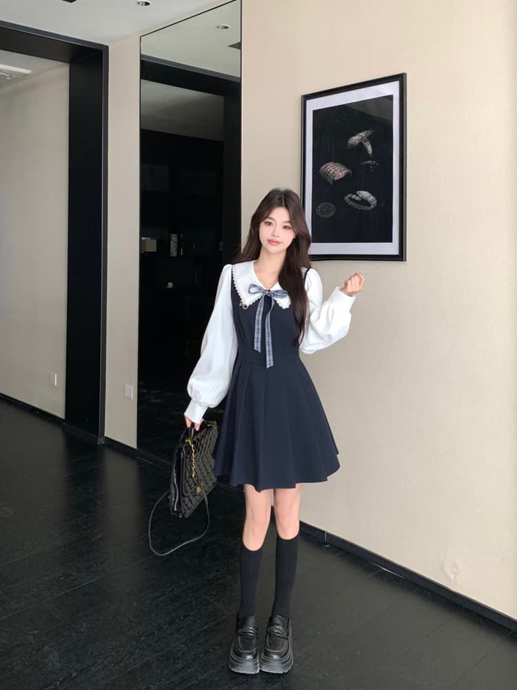 실사 봄 2026 빅 사이즈 캠퍼스 소설 여성 주님 페이크 레이어드 드레스 치마 여성 학원 스타일 긴팔 플리츠 스커트 상세 이미지 5