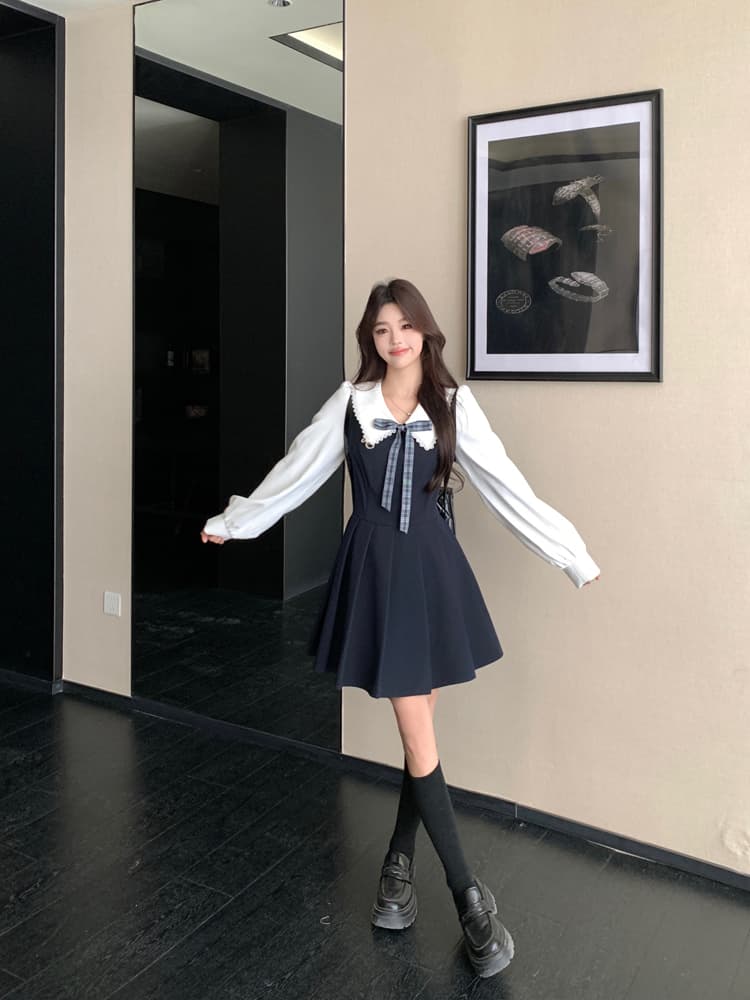 실사 봄 2026 빅 사이즈 캠퍼스 소설 여성 주님 페이크 레이어드 드레스 치마 여성 학원 스타일 긴팔 플리츠 스커트 상세 이미지 13