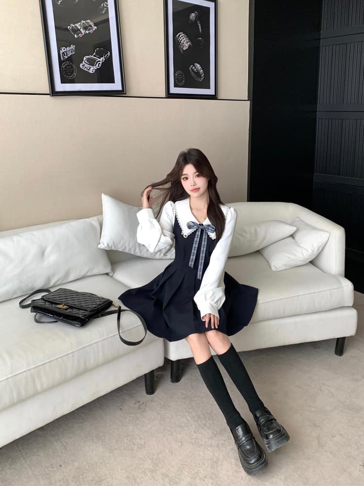 실사 봄 2026 빅 사이즈 캠퍼스 소설 여성 주님 페이크 레이어드 드레스 치마 여성 학원 스타일 긴팔 플리츠 스커트 상세 이미지 18